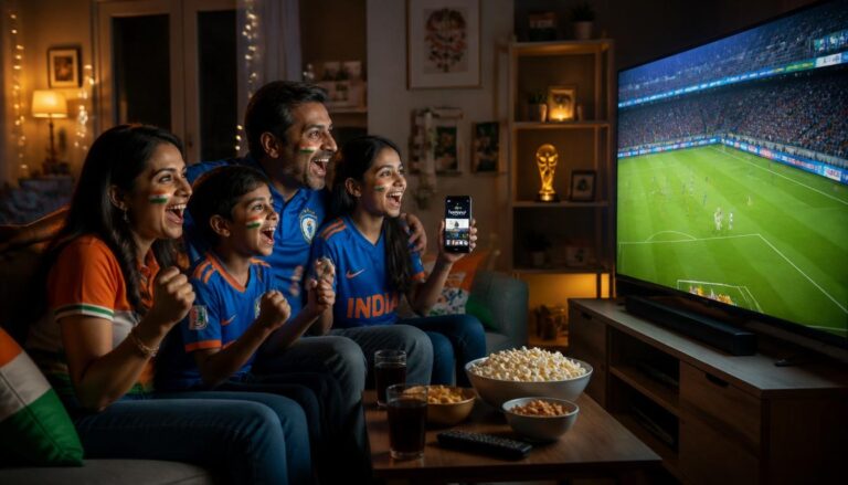 Indian family watching World Cup 2026 live on TV and Zee5