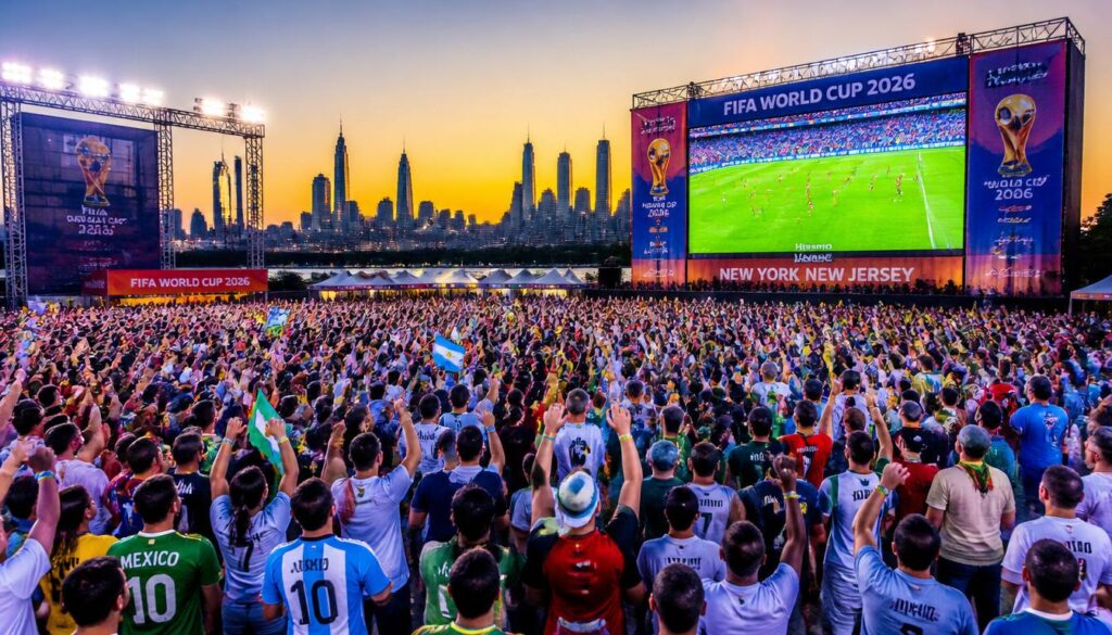 World Cup 2026 fan zone crowd watching a match on a big screen in New York City
